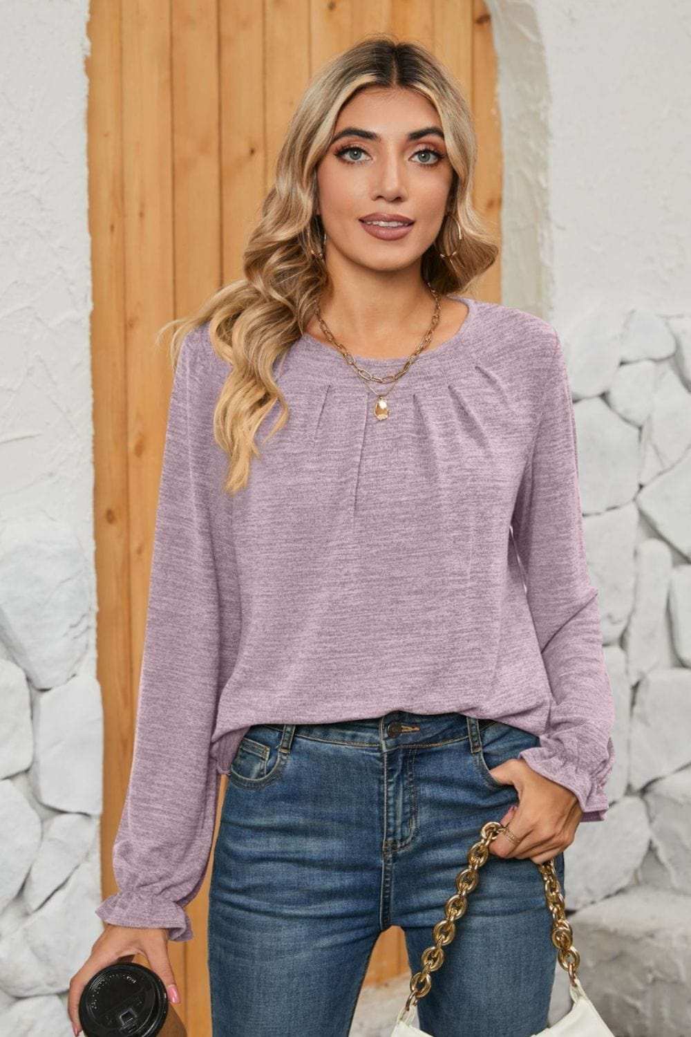 Ruched Round Neck Flounce Sleeve T-Shirt - Trendsi - Flyclothing LLC