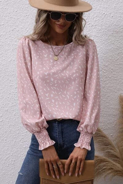 Printed Round Neck Lantern Sleeve Blouse - Trendsi
