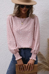 Printed Round Neck Lantern Sleeve Blouse - Trendsi