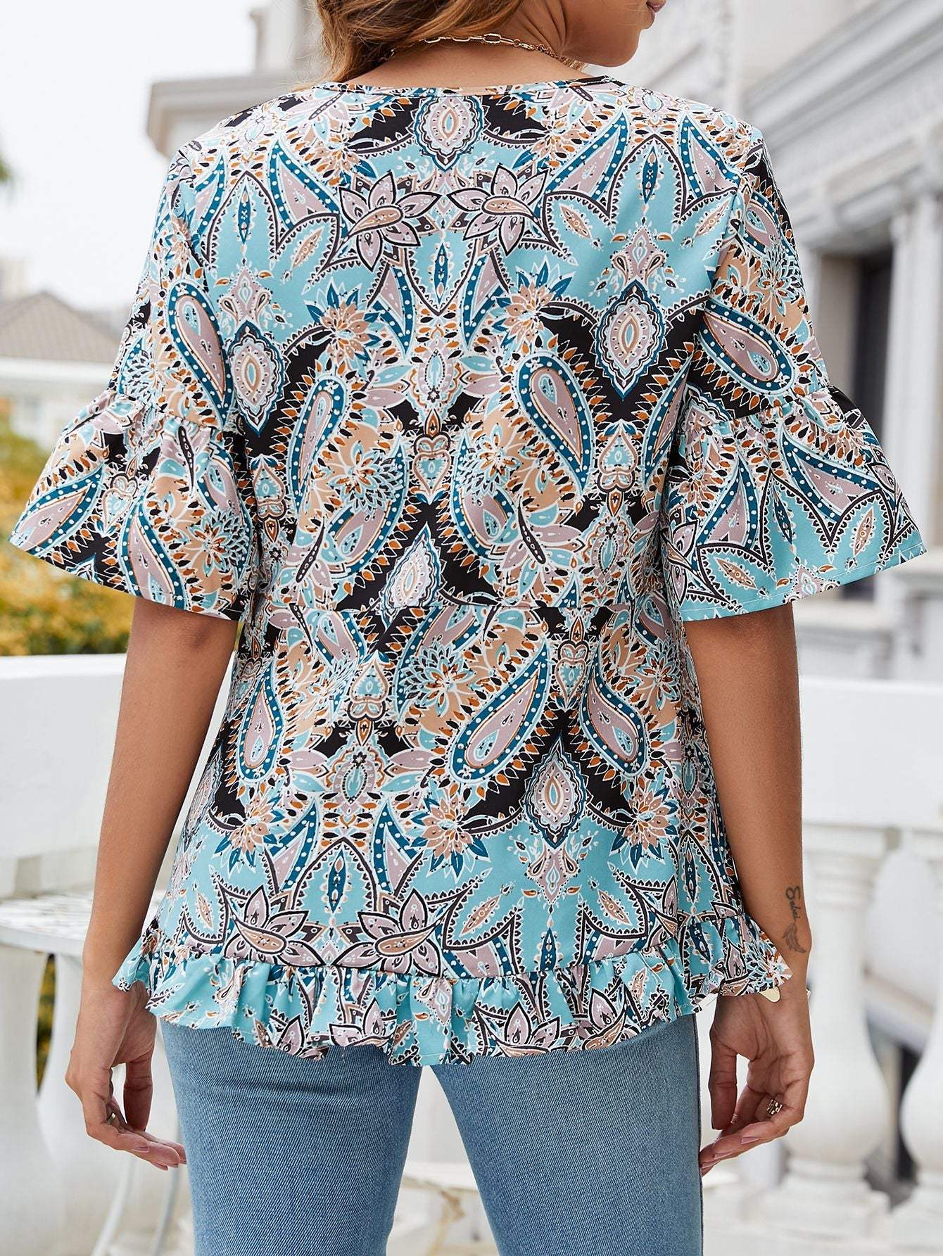 Printed Flounce Sleeve Ruffle Hem Blouse - Trendsi - Flyclothing LLC