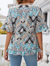 Printed Flounce Sleeve Ruffle Hem Blouse - Trendsi - Flyclothing LLC