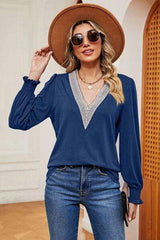 Lace Detail V-Neck Lantern Sleeve T-Shirt - Trendsi - Flyclothing LLC