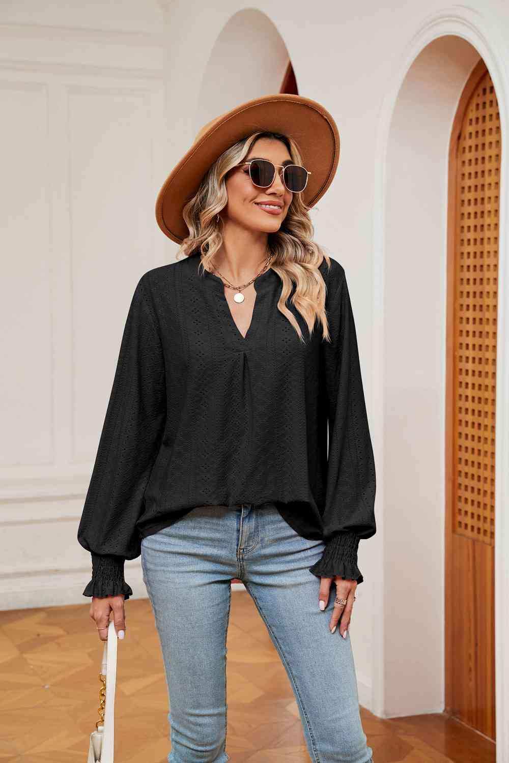 Notched Neck Flounce Sleeve Blouse - Trendsi - Flyclothing LLC