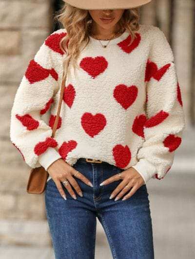 Fuzzy Heart Dropped Shoulder Sweatshirt - Trendsi - Flyclothing LLC