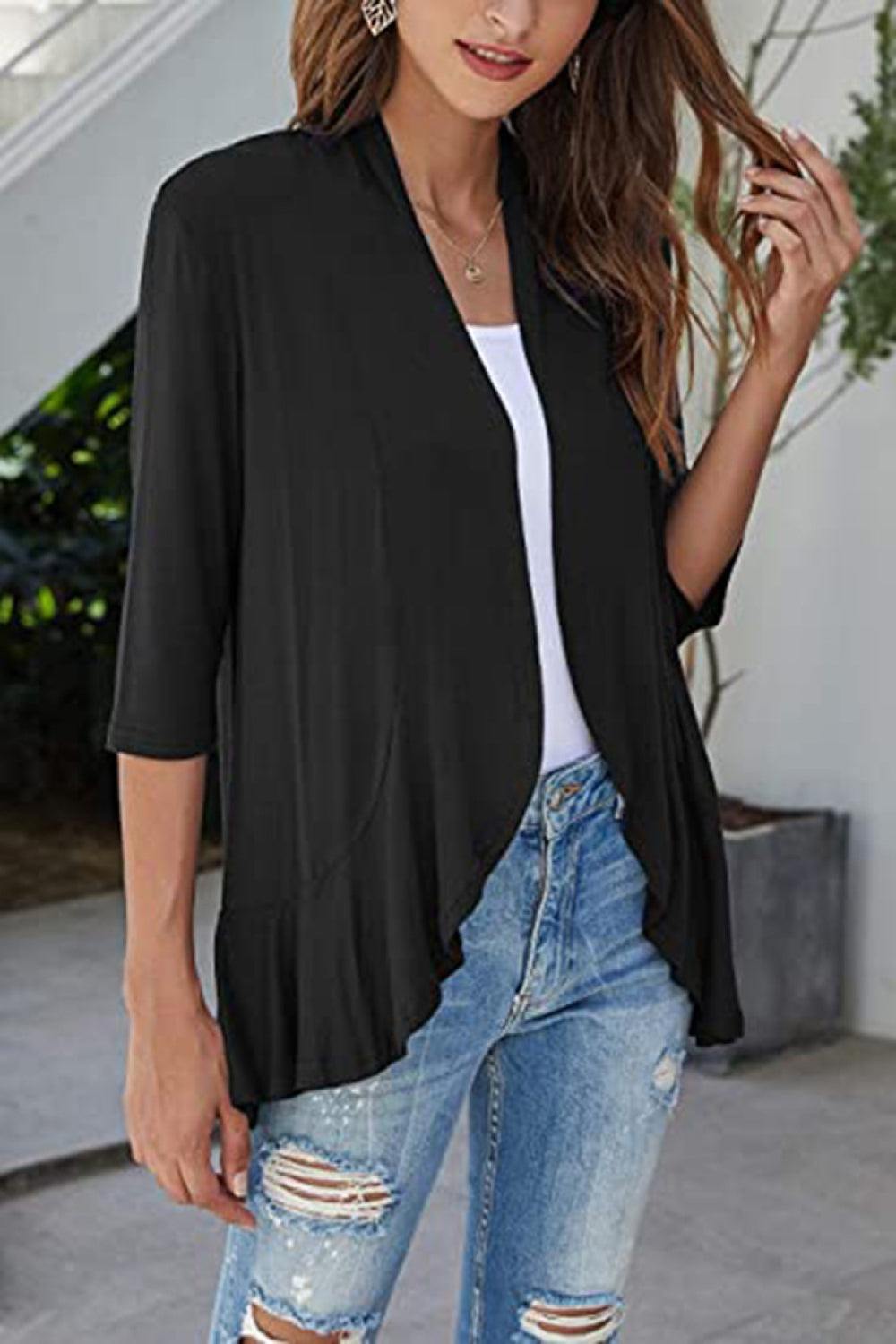 Open Front Ruffle Trim Cardigan - Trendsi