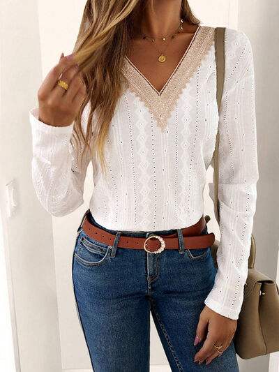 Eyelet V-Neck Dropped Shoulder T-Shirt - Trendsi - Flyclothing LLC