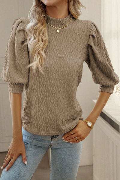 Textured Mock Neck Lantern Sleeve Blouse - Trendsi - Flyclothing LLC