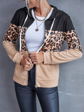 Drawstring Leopard Zip Up Hooded Jacket - Trendsi
