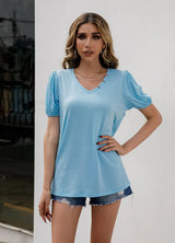 V-Neck Decorative Buttons Puff Sleeve Tee - Trendsi - Flyclothing LLC