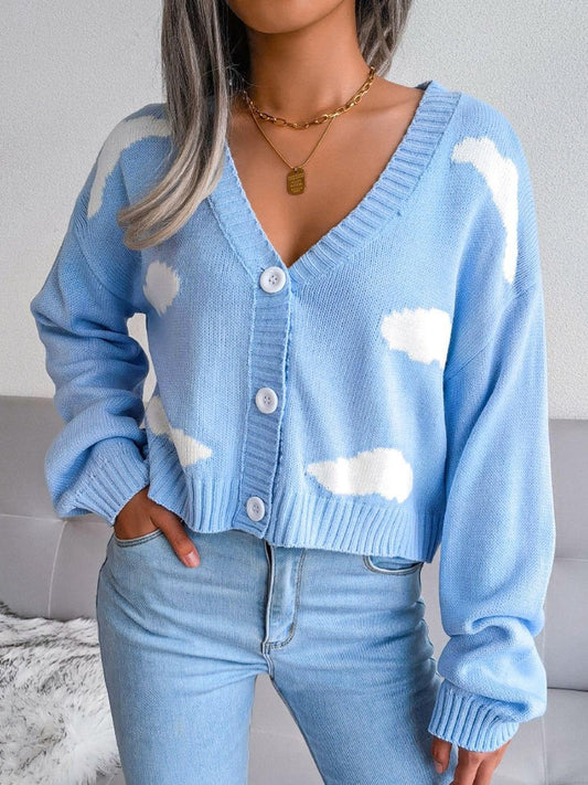 Cloud Print Button Down Ribbed Trim Cardigan - Trendsi