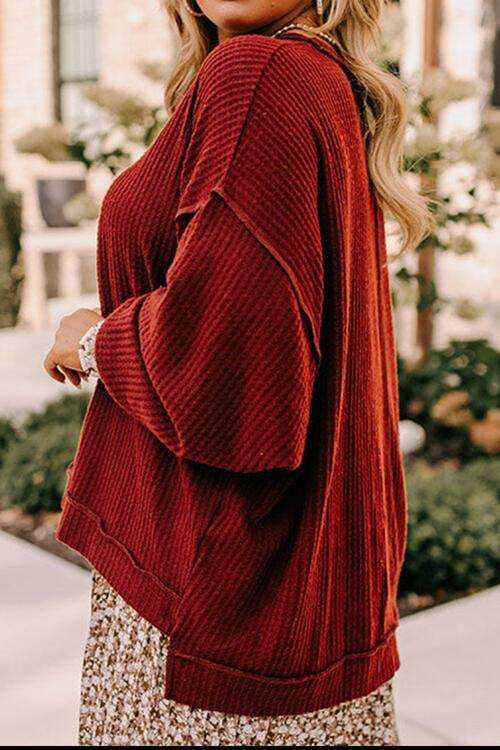 Plus Size Exposed Seam Waffle-Knit High-Low Sweatshirt - Trendsi - Flyclothing LLC