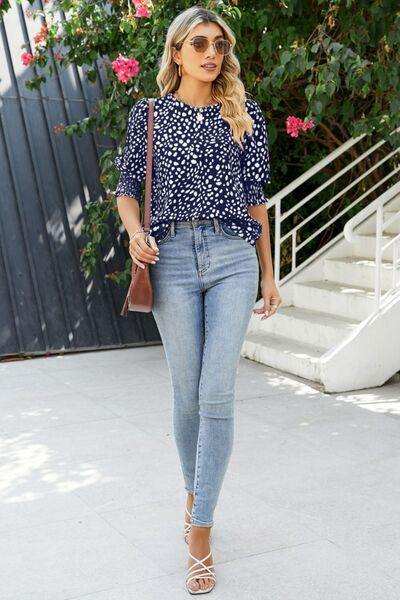 Polka Dot Round Neck Lantern Sleeve Blouse - Trendsi - Flyclothing LLC