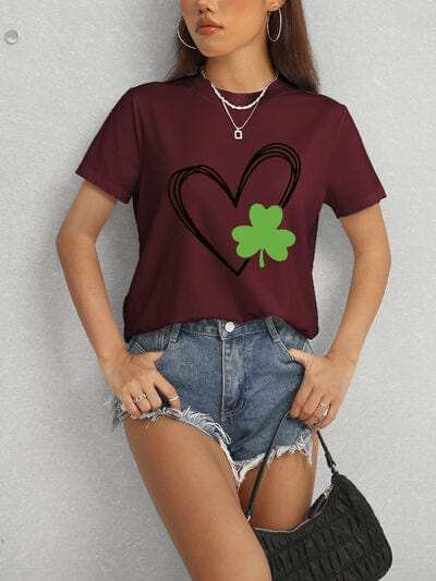 Heart Lucky Clover Short Sleeve T-Shirt - Trendsi - Flyclothing LLC