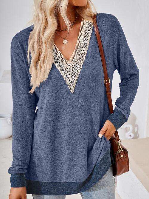 Crochet Contrast V-Neck Long Sleeve Slit T-Shirt - Trendsi - Flyclothing LLC