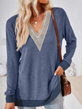 Crochet Contrast V-Neck Long Sleeve Slit T-Shirt - Trendsi