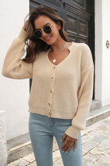 Button-Down Dropped Shoulder Ribbed Cardigan - Trendsi