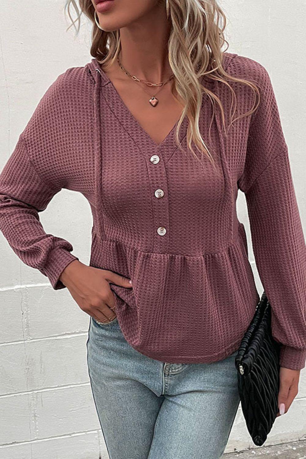 Waffle-Knit Buttoned Drop Shoulder Hoodie - Flyclothing LLC