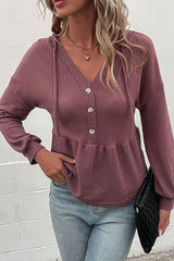 Waffle-Knit Buttoned Drop Shoulder Hoodie - Flyclothing LLC