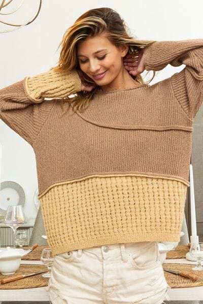 BiBi Texture Detail Contrast Drop Shoulder Sweater - Trendsi - Flyclothing LLC