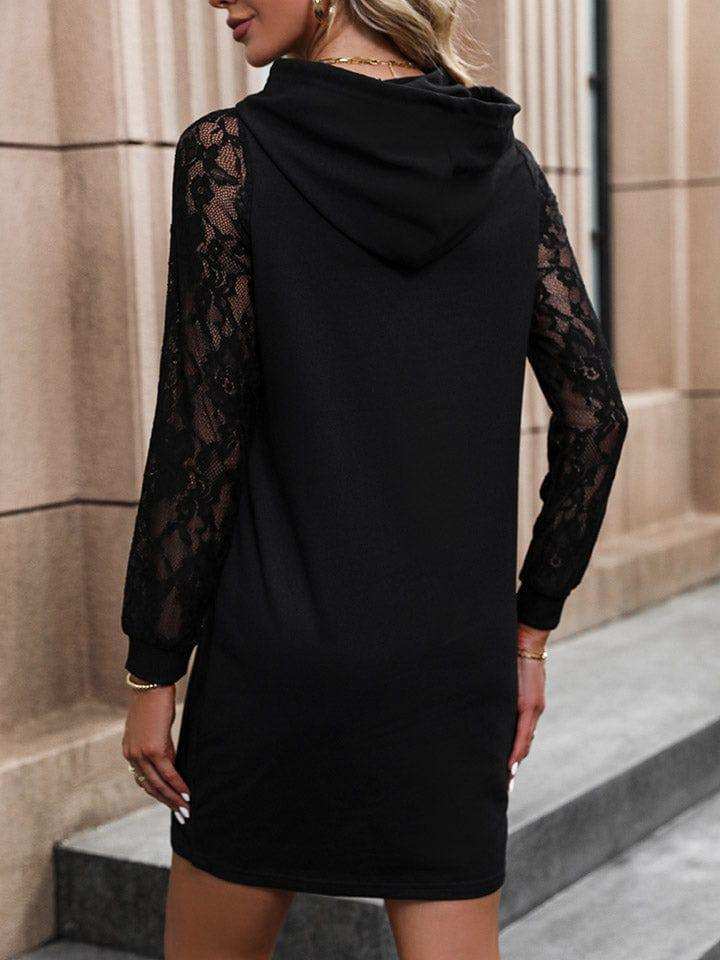 Lace Trim Long Sleeve Hooded Dress - Trendsi - Flyclothing LLC