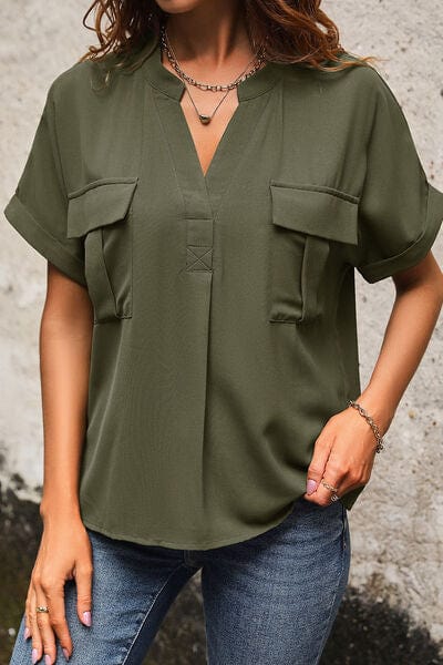 Pocketed Notched Short Sleeve Blouse - Trendsi