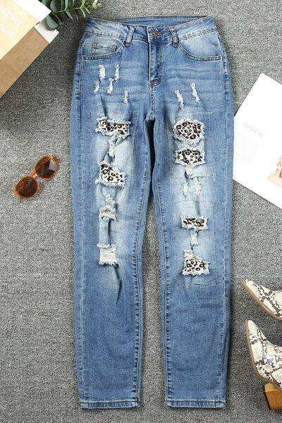 Leopard Distressed Pocketed Straight Jeans - Trendsi - Flyclothing LLC