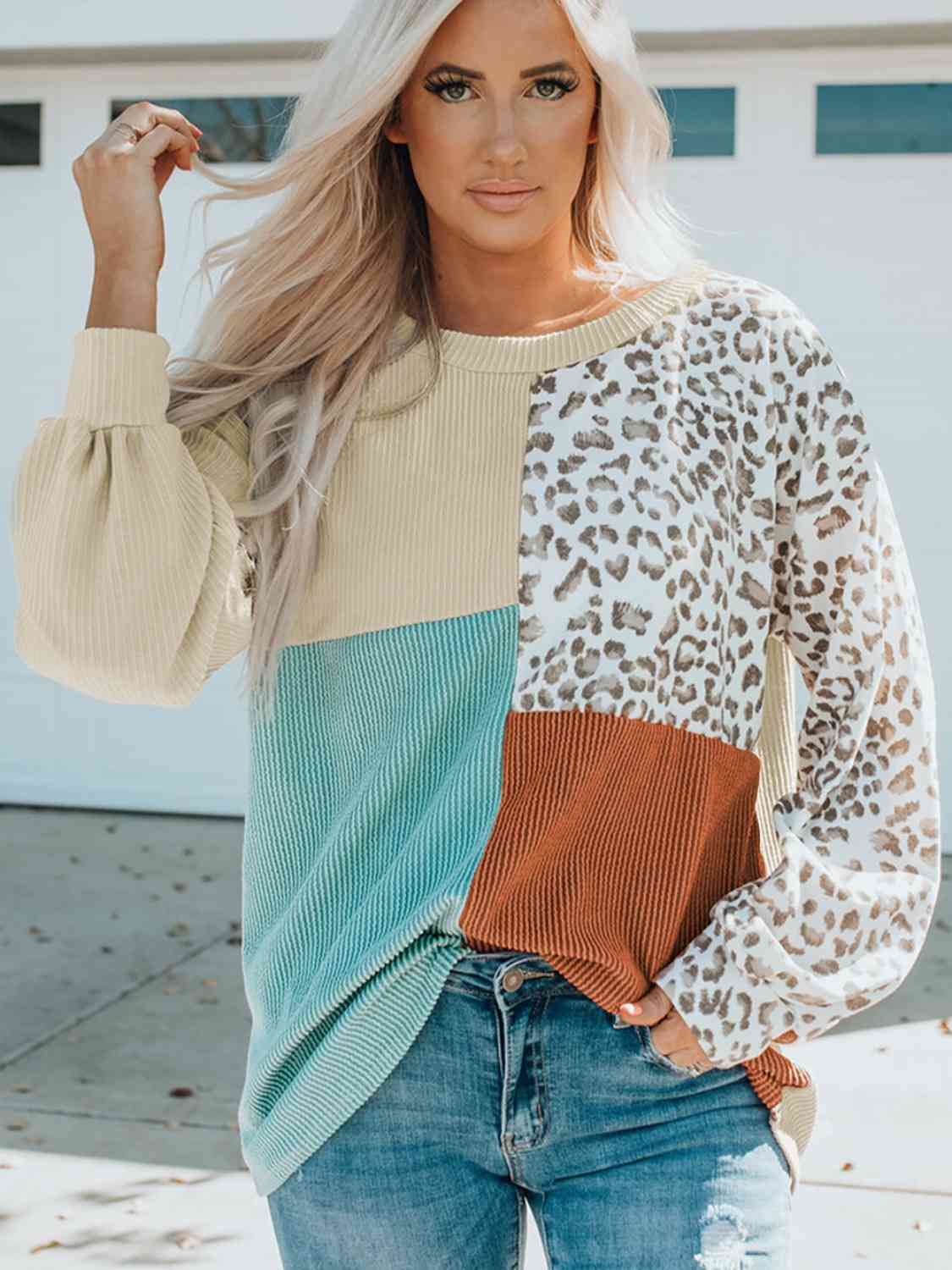 Color Block Leopard Round Neck Sweatshirt - Trendsi - Flyclothing LLC