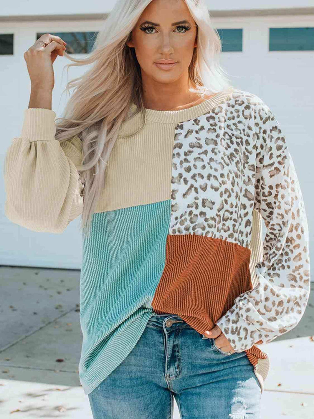 Color Block Leopard Round Neck Sweatshirt - Trendsi - Flyclothing LLC