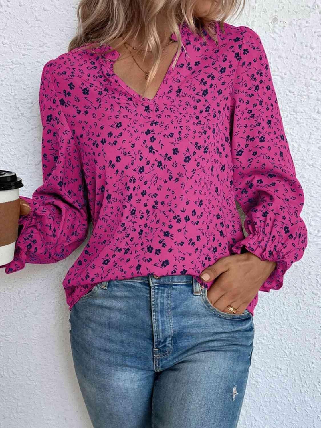 Notched Neck Flounce Sleeve Blouse - Trendsi