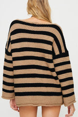 Striped Round Neck Dropped Shoulder Sweater - Flyclothing LLC