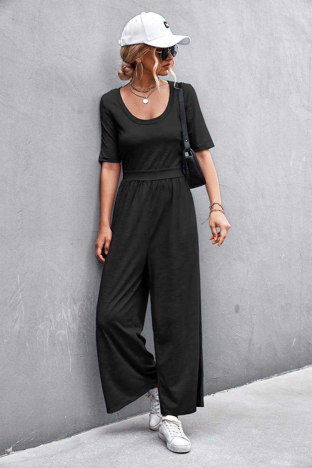 Scoop Neck Half Sleeve Wide Leg Jumpsuit - Trendsi - Flyclothing LLC
