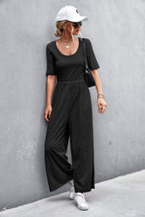 Scoop Neck Half Sleeve Wide Leg Jumpsuit - Trendsi - Flyclothing LLC