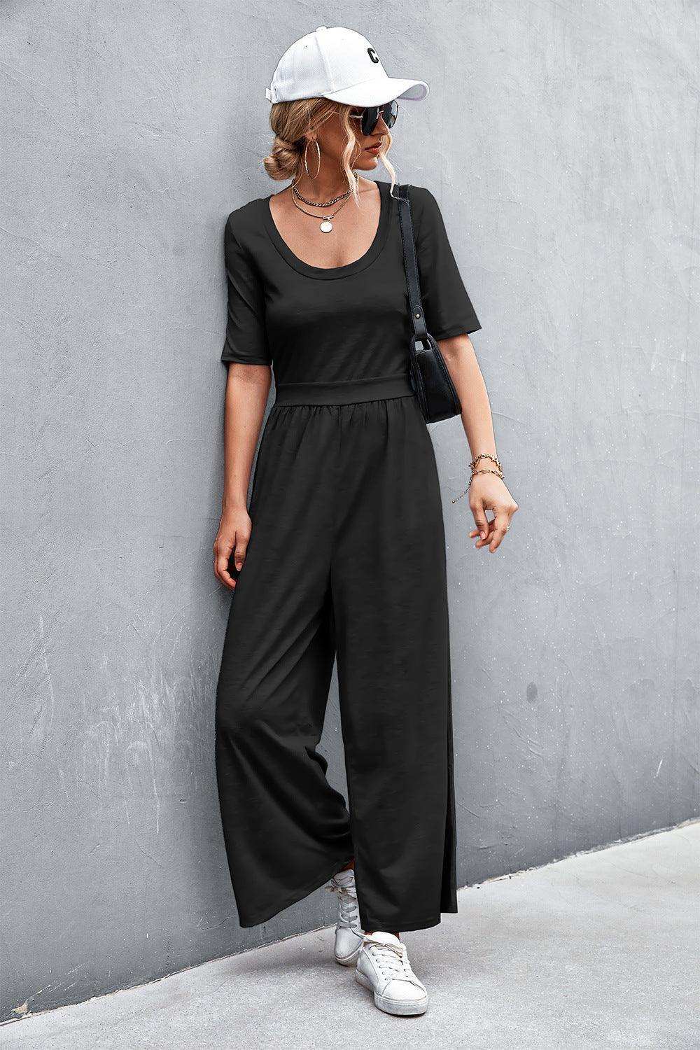 Scoop Neck Half Sleeve Wide Leg Jumpsuit - Trendsi - Flyclothing LLC