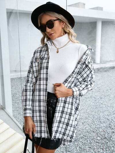 Plaid Pocketed Button Up Dropped Shoulder Jacket - Trendsi - Flyclothing LLC