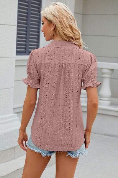 Eyelet Johnny Collar Short Sleeve Blouse - Trendsi - Flyclothing LLC
