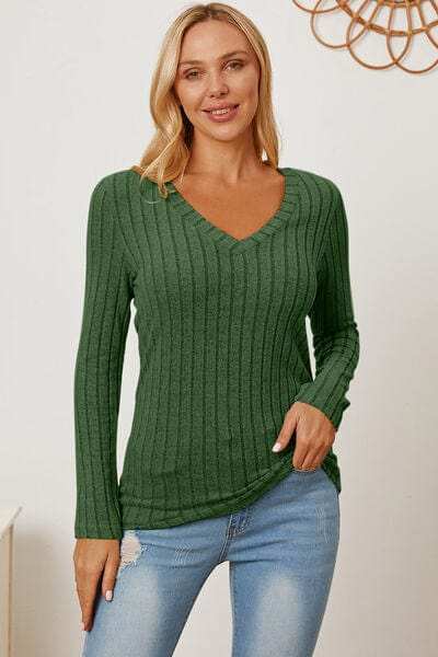 Basic Bae Full Size Ribbed V-Neck Long Sleeve T-Shirt - Trendsi - Flyclothing LLC