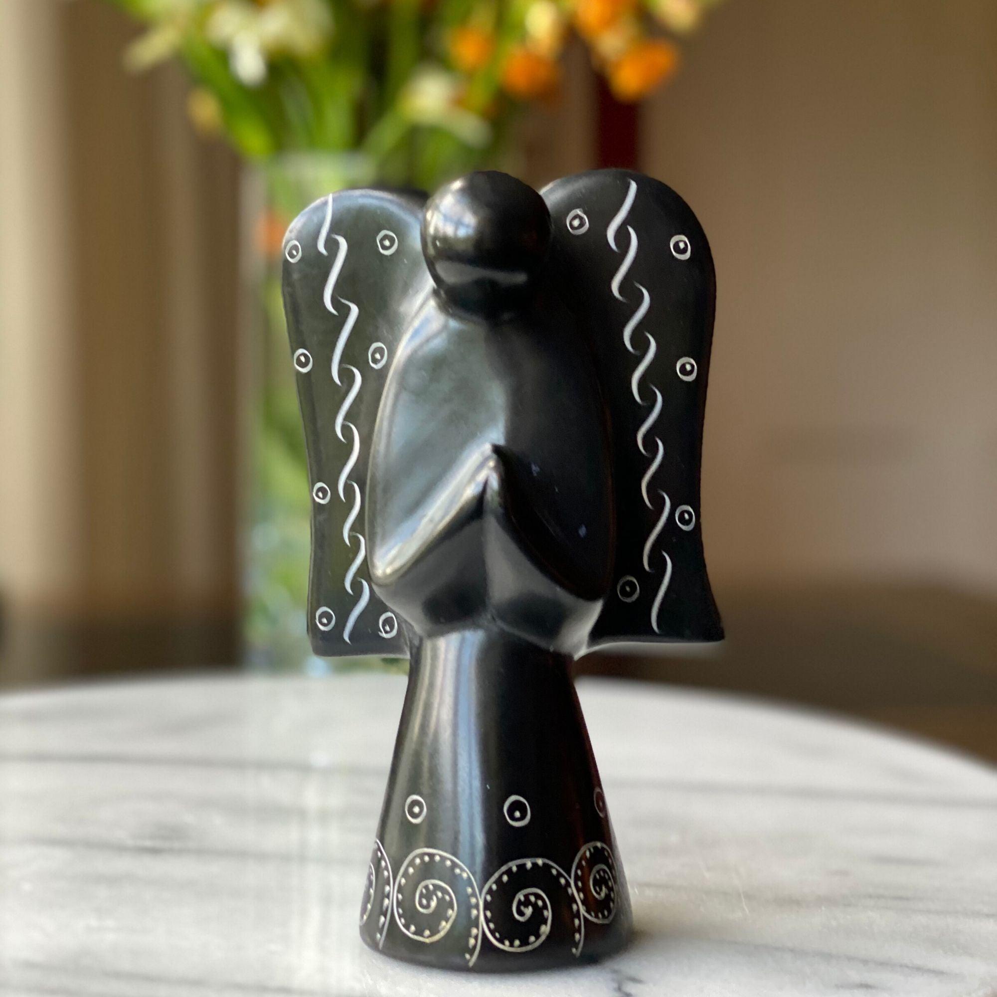 Soapstone Angel Sculpture - Black Finish with Etch Design - Flyclothing LLC