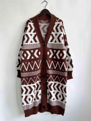 Geometric Button Front Longline Cardigan - Trendsi