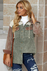 Snap Front Hooded Corduroy Shacket - Trendsi - Flyclothing LLC