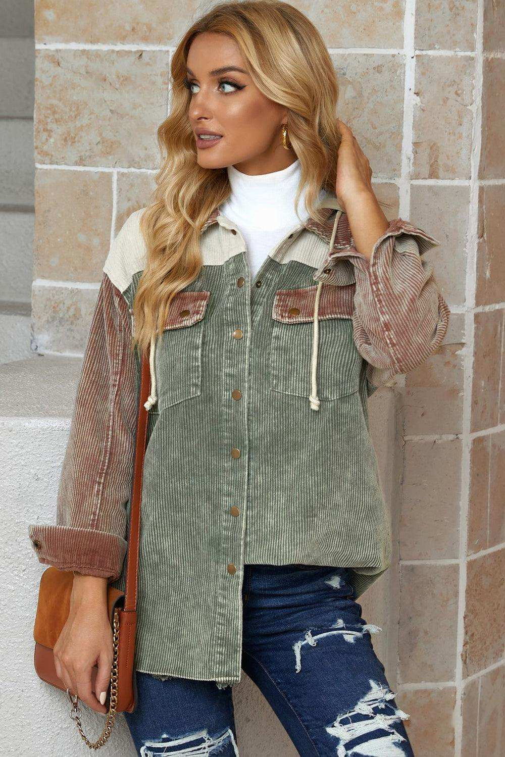 Snap Front Hooded Corduroy Shacket - Trendsi - Flyclothing LLC