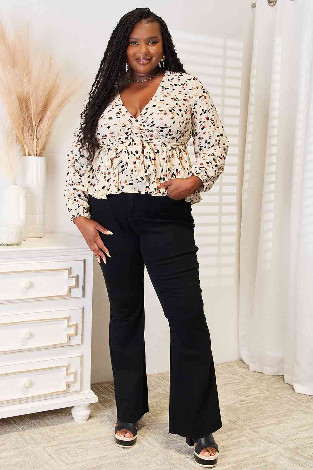Double Take Printed Tied Plunge Peplum Blouse - Trendsi - Flyclothing LLC