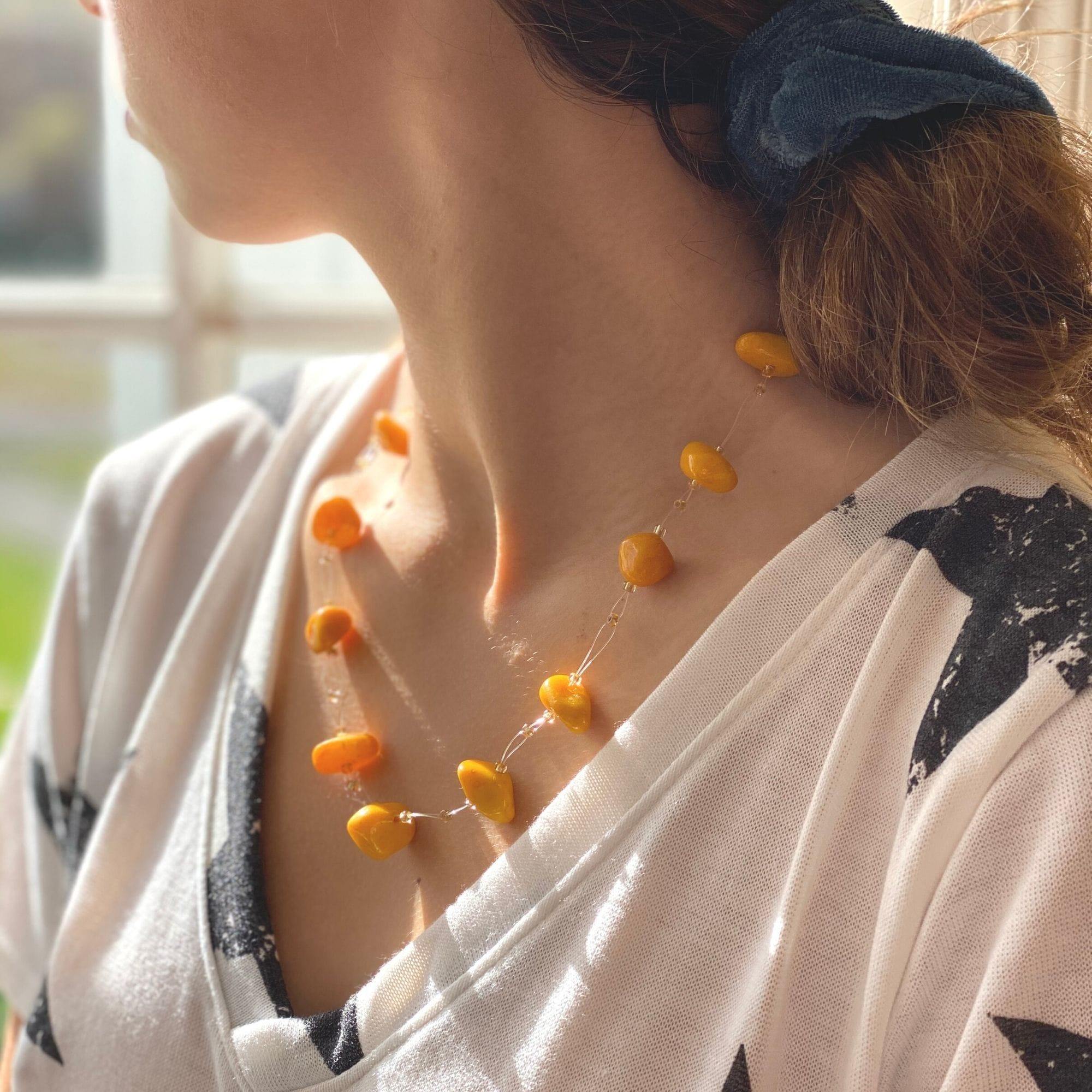 Floating Stone & Maasai Bead Necklace, Pumpkin Spice - Jedando
