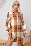 Plaid Collared Neck Flounce Sleeve Shirt Dress - Trendsi