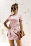 Round Neck Cuffed Sleeve Side Tie Dress - Trendsi - Flyclothing LLC