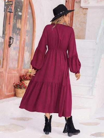 V-Neck Lantern Sleeve Ruffle Hem Dress - Trendsi - Flyclothing LLC