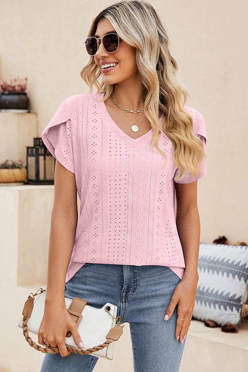 Eyelet V-Neck Petal Sleeve T-Shirt - Trendsi - Flyclothing LLC