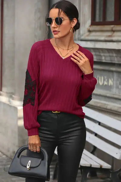 Ribbed Lace Detail V-Neck Sweater - Trendsi - Flyclothing LLC