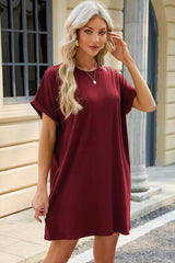 Round Neck Rolled Short Sleeve Tee Dress - Trendsi - Flyclothing LLC