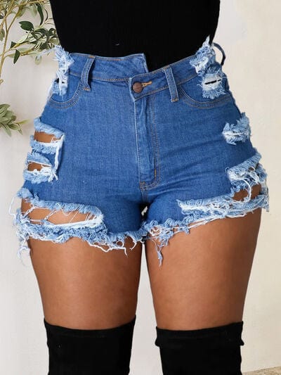 Distressed Raw Hem Denim Shorts with Pockets - Trendsi