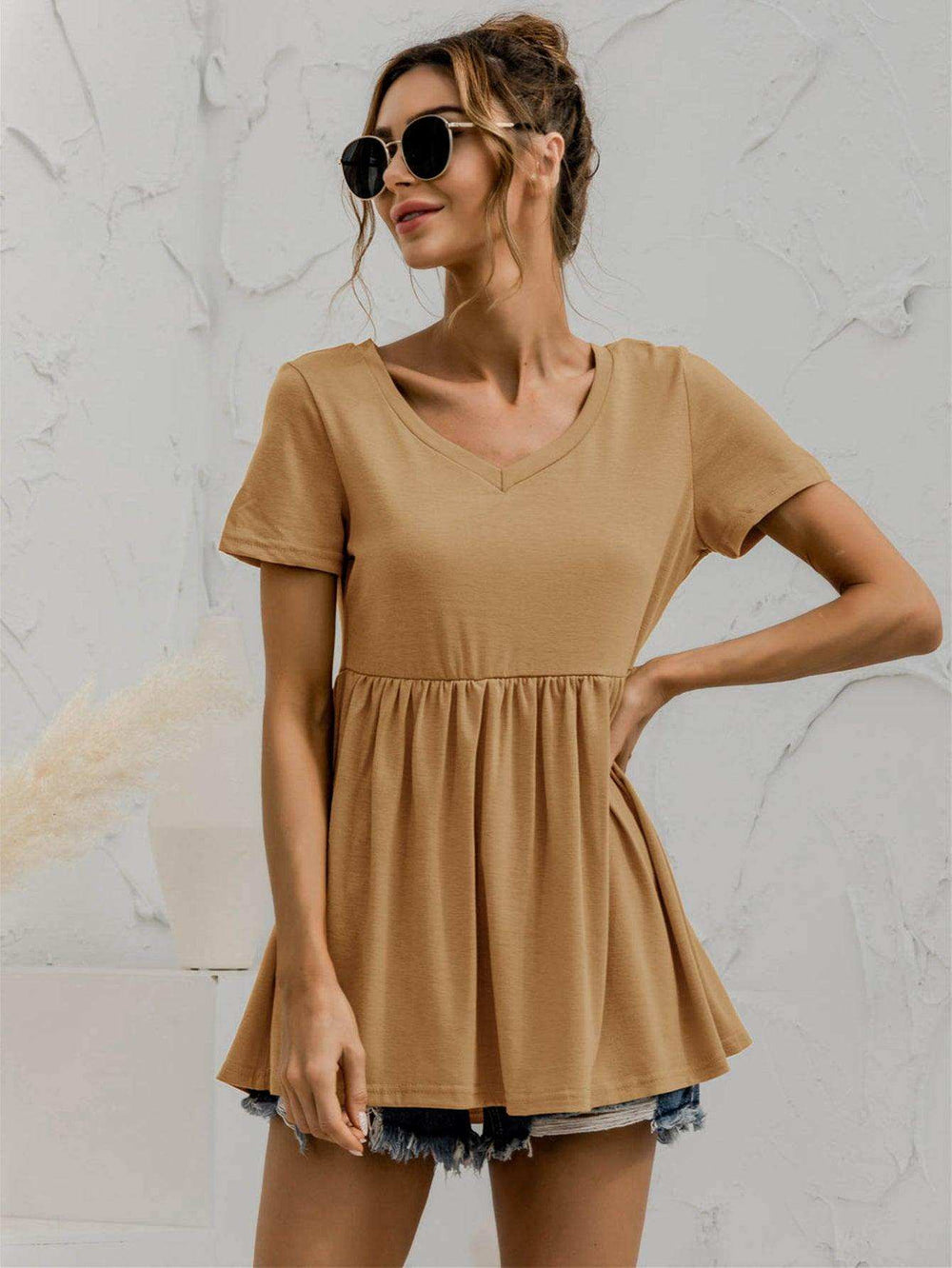 V-Neck Short Sleeve Babydoll Top - Trendsi - Flyclothing LLC